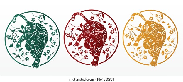 Happy chinese new year 2022. Year of Tiger character with asian elements and flower with craft style on background. Chinese translation is mean Year of Tiger Happy chinese new year. 