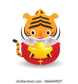 Happy Chinese new year 2022, Little tiger holding Chinese gold, the year of the tiger zodiac, Cartoon vector illustration isolated on white background.