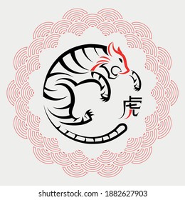 Happy chinese new year 2022, Tiger Zodiac sign on red paper cut art and craft style and white color background with red frame (Chinese Translation : happy new year 2022, year of the Tiger)