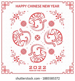 Happy chinese new year 2022, Tiger Zodiac sign on red paper cut art and craft style and white color background with red frame (Chinese Translation : happy new year 2022, year of the Tiger)