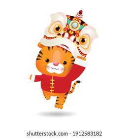 Happy Chinese new year 2022 the year of the tiger, cute Little tiger performs Lion Dance, greeting card zodiac Cartoon vector illustration isolated on white background.