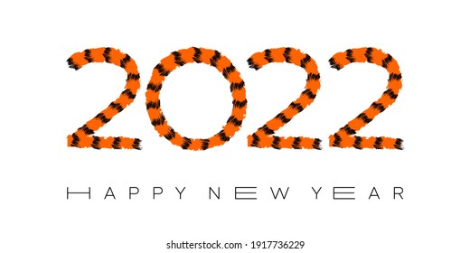 Happy chinese new year 2022. Striped fluffy black and orange funny numbers 2022. Year of the tiger. Inscription: happy new year 