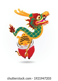 Happy Chinese new year 2022 the year of the tiger, cute Little tiger performs dragon Dance, greeting card zodiac Cartoon vector illustration isolated on white background