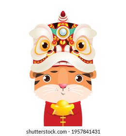 Happy Chinese new year 2022, Little tiger with Lion Dance Head holding Chinese gold, the year of the tiger zodiac, Cartoon vector illustration isolated on white background.