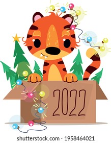 Happy Chinese New Year 2022, little tiger cub in a box with an inscription drawn by kids, year of the zodiac animal, cartoon vector illustration isolated on white background clipart. Cartoon character