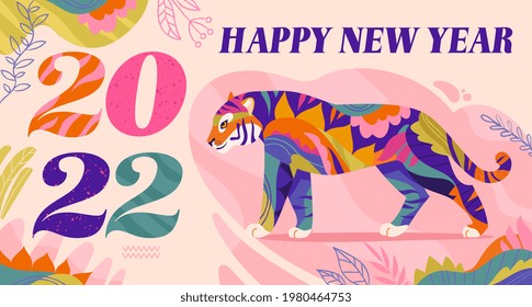 Happy Chinese New Year 2022 design. The tiger symbol of 2022 Year. 2022 Happy New Year card template. Symbol of strength, courage and success. Flat vector illustration with cartoon multicolored tiger