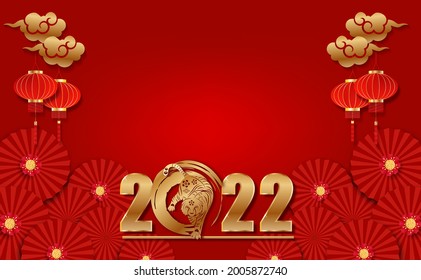 Happy Chinese new year 2022 year of the tiger paper cut with follower lamp and craft style on red background. Chinese translation is Happy chinese new year.