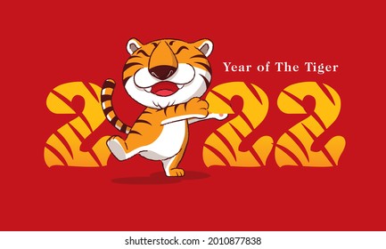 Happy Chinese New Year 2022. Cartoon cute tiger with smile hugging number of 2022. 