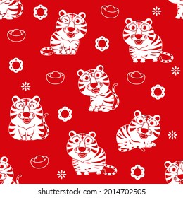 Happy Chinese new year 2022 wallpaper. Cute red tiger, gold and flower seamless pattern. Animal holidays cartoon character. 