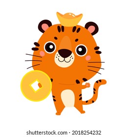 Happy Chinese New Year 2022. Chinese zodiac tiger. Cute animal with gold coin. Symbol of the year. Character design concept. Vector illustration in cartoon style.