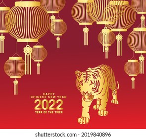 Happy chinese new year 2022 Zodiac sign with gold paper cut art and craft style on color Background. Happy chinese new year 2022, year of the tiger