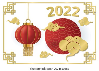 Happy Chinese new year 2022 year. Traditional background with scroll, antique Chinese coins, golden peony, clouds. Template for posters, greeting cards, flyers, invitation, banners, calendar. Vectorc