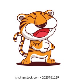 Happy Chinese New year 2022. Cartoon happy tiger with greeting gesture. Year of the tiger. Vector mascot