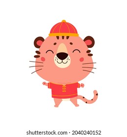 Happy Chinese New Year 2022. Chinese zodiac tiger. Cute tiger in traditional asian costume. Symbol of the year. Character design concept. Vector illustration in cartoon style.