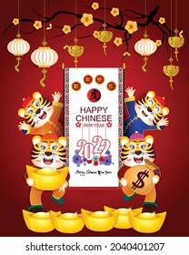 Happy Chinese new year 2022 - year of the Tiger with baby tiger cartoon (Chinese translation : Happy new year)