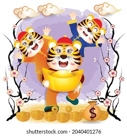 Happy Chinese new year 2022 - year of the Tiger with baby tiger cartoon (Chinese translation : Happy new year)