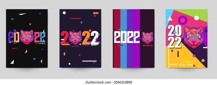 Happy Chinese new year 2022. Collection abstract design background with tiger head in modern colorful pop art style. Set of templates for banner, cover, poster, card. Vector illustration.