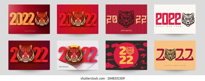 Happy Chinese new year 2022. Collection abstract design background with tiger head in modern minimal style. Set of templates for banner, cover, poster, card. Vector illustration.