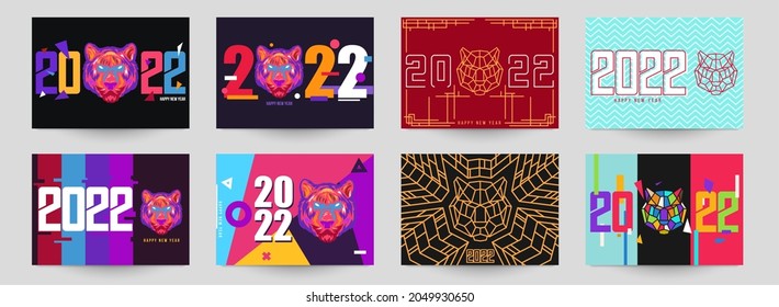 Happy Chinese new year 2022. Collection abstract design background with tiger head in modern minimal style. Set of templates for banner, cover, poster, card. Vector illustration.