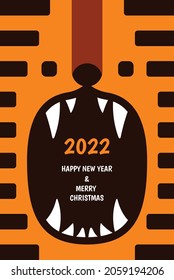 Happy Chinese New Year 2022. Close-up of cartoon cute roaring tiger head with 2022 year words. Tiger is Zodiac symbol of 2022 New year. Greeting card with text Happy New Year. EPS vector illustration.