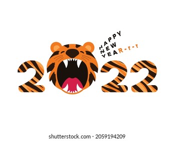 Alles Gute zum chinesischen Neujahr 2022. Cartoon süß brüllenden Tigerkopf mit 2022-jährigen Worten. Tiger ist Zodiac Symbol für 2022 Neujahr. Grußkarte mit Text Happy New Year. EPS-Vektorgrafik.