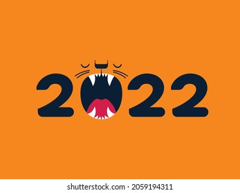 Happy Chinese New Year 2022. Cartoon cute roaring tiger head with 2022 year words. Tiger is Zodiac symbol of 2022 New year. Greeting card with text Happy New Year. EPS vector illustration.