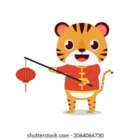 Happy Chinese new year 2022 poster. Happy Chinese new year greeting card 2022 with cute tiger. Tiger character design. Tiger in red costume.