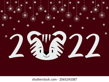 Happy Chinese New Year 2022. Cute happy tiger with year 2022 text. Year of the tiger. Vector flat illustration