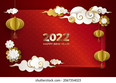 Happy Chinese New Year 2022. Greeting card with gold and white clouds, lanterns, flowers on red background. Asian patterns. For holiday invitations, poster, banner. Paper style. Vector illustration.