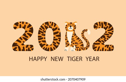 Happy Chinese New Year 2022 greeting card or banner with cartoon funny tiger face and striped year digits. Vector flat hand drawn illustration