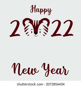 Happy Chinese New Year 2022. Cute happy tiger with text Happy New 2022. Year of the Tiger. Vector flat illustration