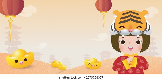 Happy Chinese new year 2022 year of the tiger zodiac design with little children greeting gong xi fa cai, brochure, calendar background vector illustration design, Translation: happy new year