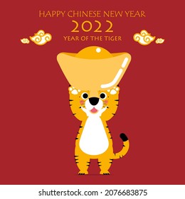 happy chinese new year 2022 with text, year of tiger zodiac, asian culture festival concept with red envelope and gold in red background, flat vector illustration cartoon character design