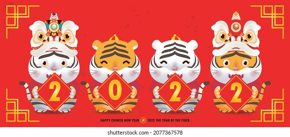 Happy chinese new year 2022, Four little tiger holding sign golden, year of the tiger zodiac, gong xi fa cai Cartoon isolated vector illustration, Translation chinese New Year