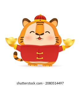 Happy Chinese New Year 2022. Cartoon Little tiger character design with head, traditional red costume, holding chinese gold ingot isolated. The year of the tiger. Zodiac of the tiger.