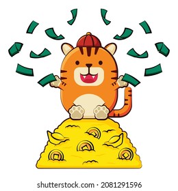 Happy chinese new year 2022. Cute tiger cartoon design templete. Year of the tiger. Wealthy tiger with a lot of money, coin, and golden ingot.