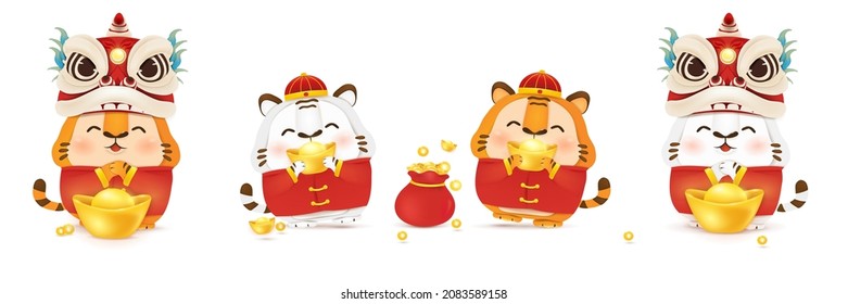 Happy Chinese New Year 2022. Set of Cartoon Little tiger character design with dragon dance head, traditional costume, holding chinese gold ingot isolated. The year of the tiger. Zodiac of the tiger