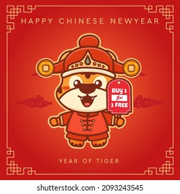 Happy chinese new year 2022 with cute tiger hold promo board buy 1 get 1