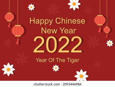 Happy Chinese New Year 2022 with Zodiac Cute Tiger and Flower on Red Background for Greeting Card, Calendar or Poster in Flat Design Illustration