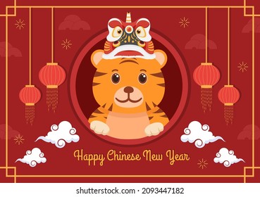 Happy Chinese New Year 2022 with Zodiac Cute Tiger and Flower on Red Background for Greeting Card, Calendar or Poster in Flat Design Illustration