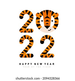 Happy Chinese New Year 2022. Cartoon Tiger Face And Striped Numbers For Poster, Brochure, Banner, Invitation Card. Vector Illustration. Funny Kids Drawing Flat Style, Typography Logo Icon