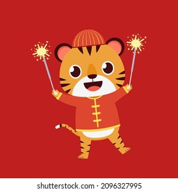 Happy Chinese new year 2022 poster. Happy Chinese new year greeting card 2022 with cute tiger. Tiger character design.