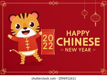 Happy Chinese new year 2022 poster. Happy Chinese new year greeting card 2022 with cute tiger. Tiger character design.