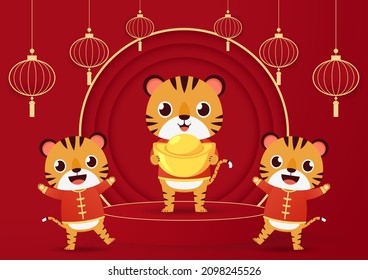 Happy Chinese new year 2022 poster. Happy Chinese new year greeting card 2022 with cute tiger. Tiger character design.