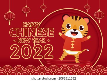 Happy Chinese new year 2022 poster. Happy Chinese new year greeting card 2022 with cute tiger. Tiger character design.