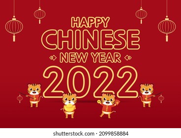 Happy Chinese new year 2022 poster. Happy Chinese new year greeting card 2022 with cute tiger. Tiger character design.