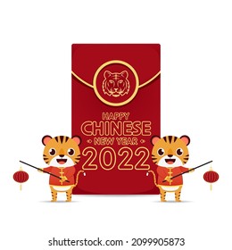 Happy Chinese new year 2022 poster. Happy Chinese new year greeting card 2022 with cute tiger. Tiger character design.