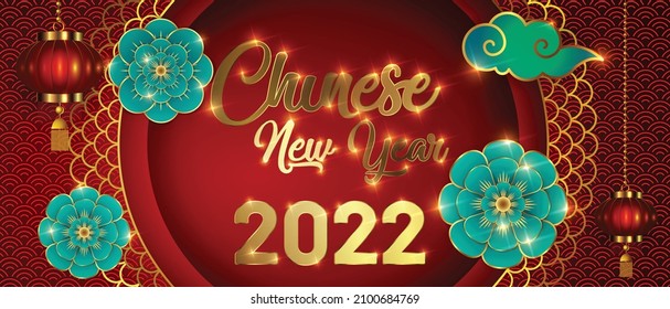 Happy Chinese New Year 2022. Paper cut flowers, clouds and hanging lanterns. 