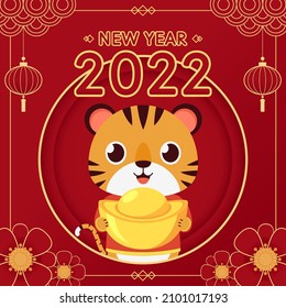 Happy Chinese new year 2022 poster. Happy Chinese new year greeting card 2022 with cute tiger. Tiger character design.