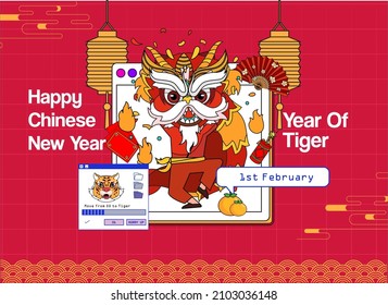 Happy Chinese New Year 2022 in retro style with red background. for branding, banner, cover, card, social media, poster.Template design. Vector illustration